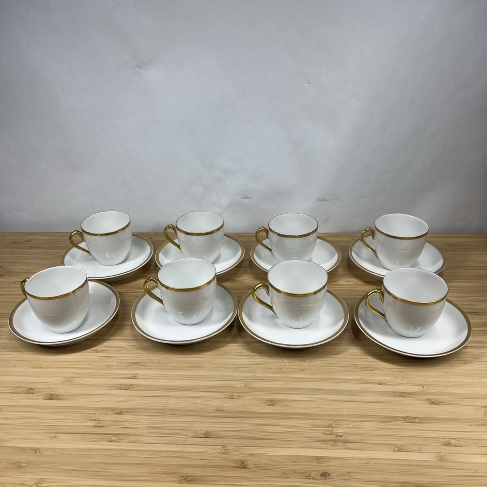 Bassett Limoges Austria Cup & Saucer Set of 8 Vintage Porcelain Gold Trim‎